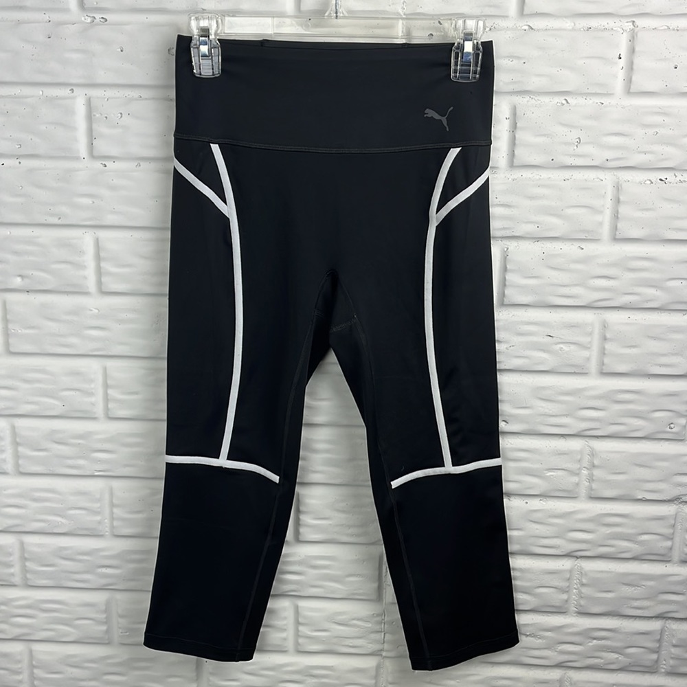 PUMA HIGH WAISTED BLACK, WHITE STRIPE CROP LEGGING ~ Small Petite